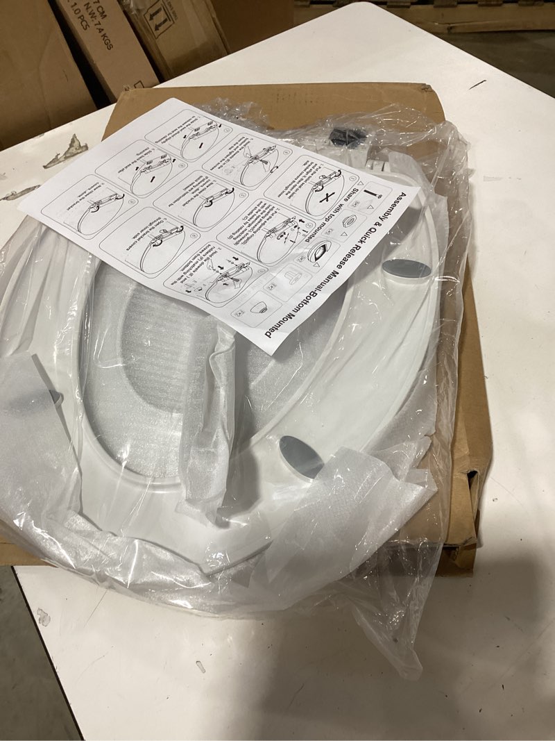 Condition photo showing New/Like New for kohler 25875-0 hyten 3" height, elevated soft close elongated toilet seat, contoured seat with grip-tight bumpers, quick-attach hardware, no slam toilet seat, white white elongated