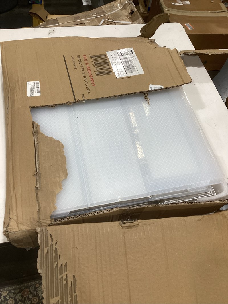 Condition photo showing As Is for eazehome 8 pack clear boot boxes stackable, boot storage boxes for tall boots, shoes box plastic oragnizer with lids, shoes organizer container for closet, under bed boot storage