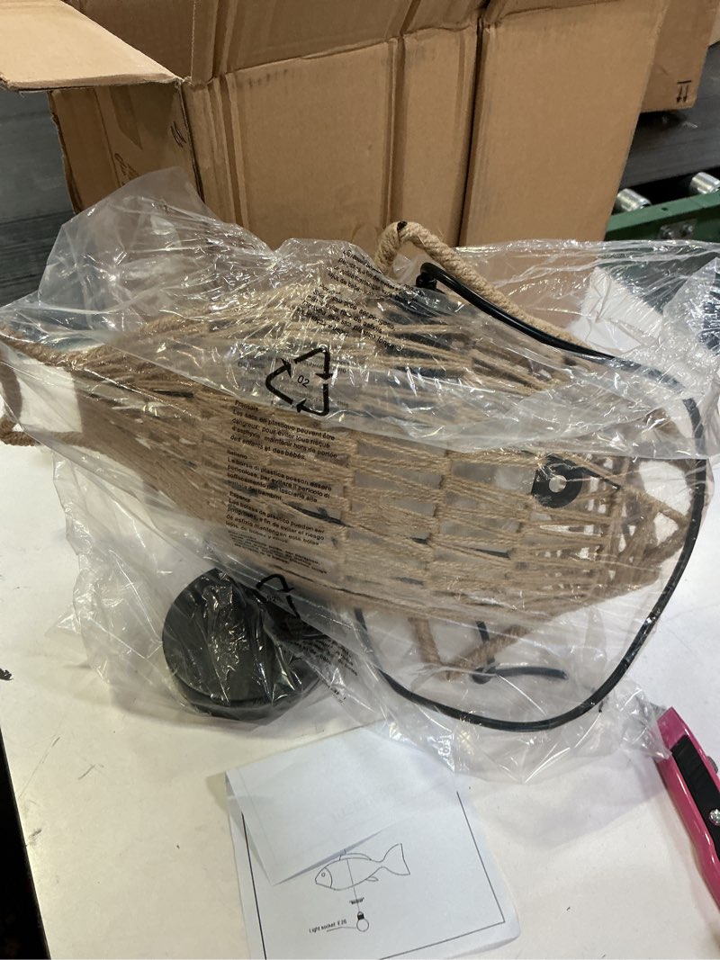 Condition photo showing Good Condition for AyshwillDec Woven Pendant Light Boho Chandelier Fish-Shaped Rustic Farmhouse Chandelier Hemp Rope Light Rattan Light Fixture for Dining Room Living Room Bedroom Kitchen Foyer(Bulb Included)