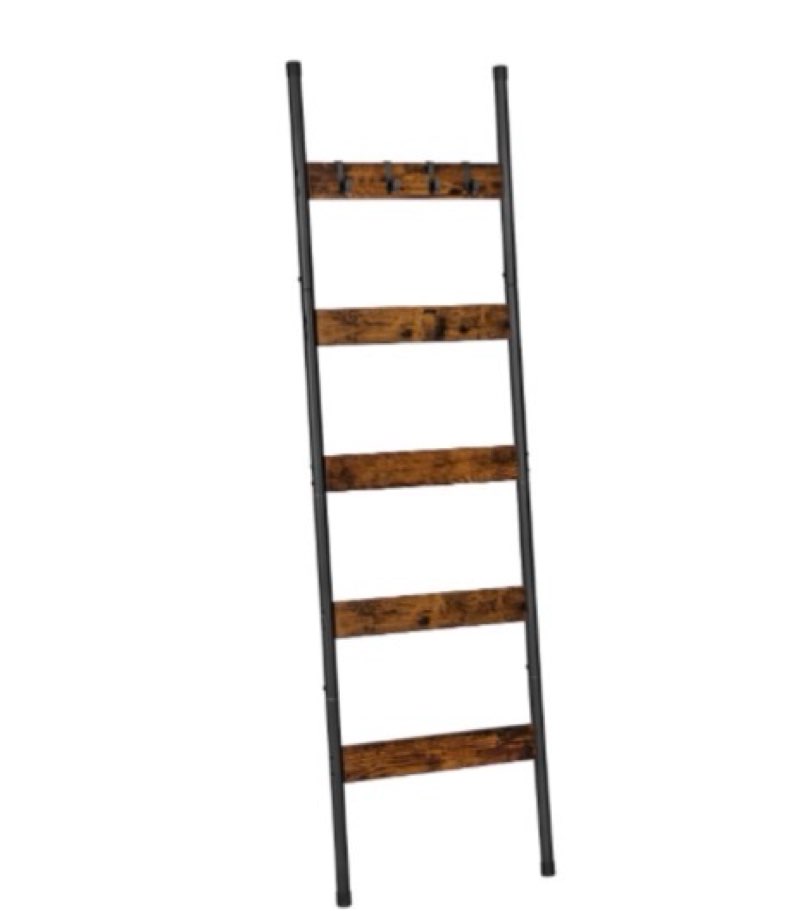 hoobro blanket ladder, 5-tier towel rack with hooks, wall-leaning blanket rack, decorative display ladder shelf, for scarves, industrial, living room, bedroom, rustic brown and black bf52cj01