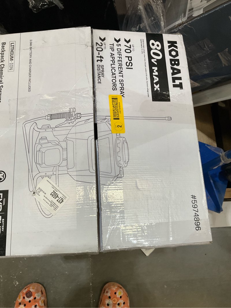 Condition photo showing As Is for kobalt 4-gallon 80-volt battery operated plastic backpack sprayer with adjustable spray pattern