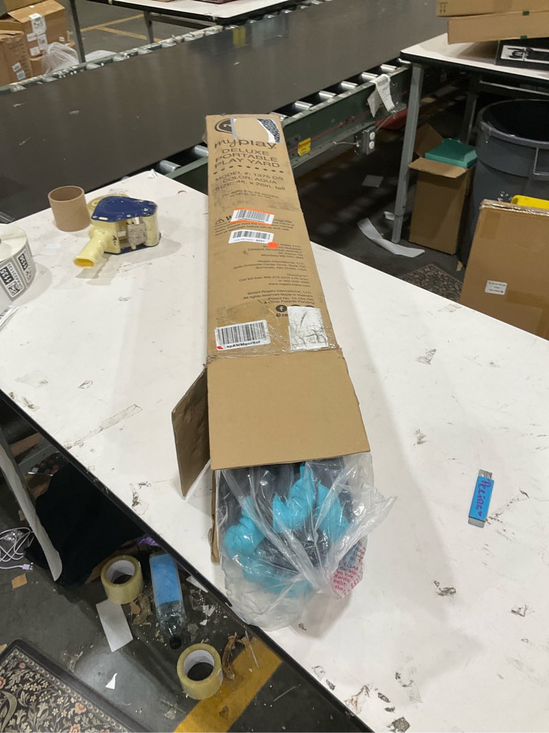 Condition photo showing As Is for Regalo My Play Deluxe Portable Play Yard Indoor and Outdoor,Includes a Full Canopy, Aqua, 6-Panel