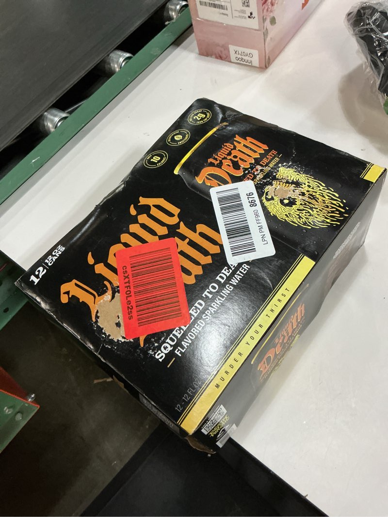 Condition photo showing New/Like New for (Best by 05/07/2027)Liquid Death Soda-Flavored Sparkling Water - Squeezed To Death (Classic Orange Soda), Less Sugar*, Huge Flavor, No Caffeine, No Artificial Sweeteners, 12 Fl Oz (Pack of 12) Squeezed to Death 12 Fl Oz (Pack of 12)
