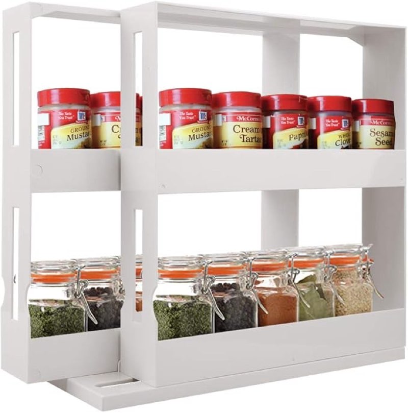 2 Tier Spice Rack, Multifunctional Rotating Cupboard Organizer Swivel Storage Shelf, Pull Out Kitchen Cabinet Organiser Seasoning Spice Jar Rack Storage with Non Skid Base Nike(White)