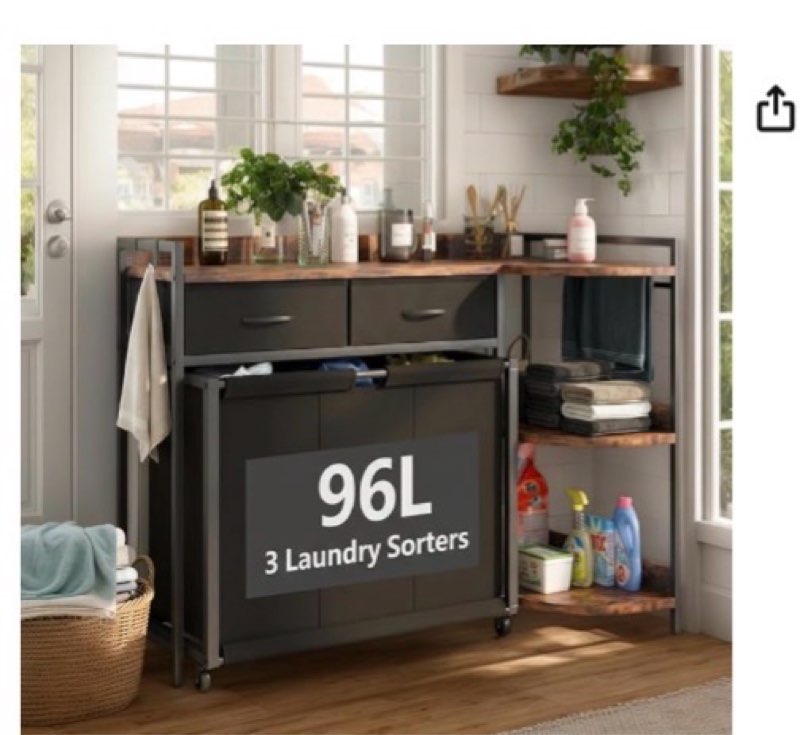 Laundry Hamper,L Shaped Laundry Basket with Large Desktop & 2 Drawers,Laundry Sorter with 3-Tier Storage Shelf and 4 Wheels,3 Pull-Out Bags for Laundry Room, Bathroom, Bedroom ( similar