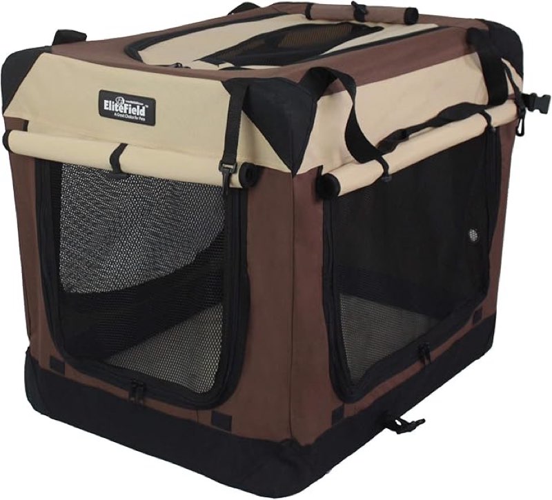 elitefield 3-door folding soft dog crate with carrying bag and fleece bed (2 year warranty), indoor & outdoor pet home (42\" l x 28\" w x 32\" h, brown )