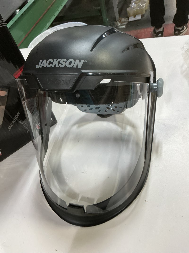 Condition photo showing Good Condition for Jackson Safety Lightweight MAXVIEW Premium Face Shield with 370 Speed Dial Ratcheting Headgear, Clear Tint, Anti-Fog, Black, 14201 (Remove Protective Film Before Use)