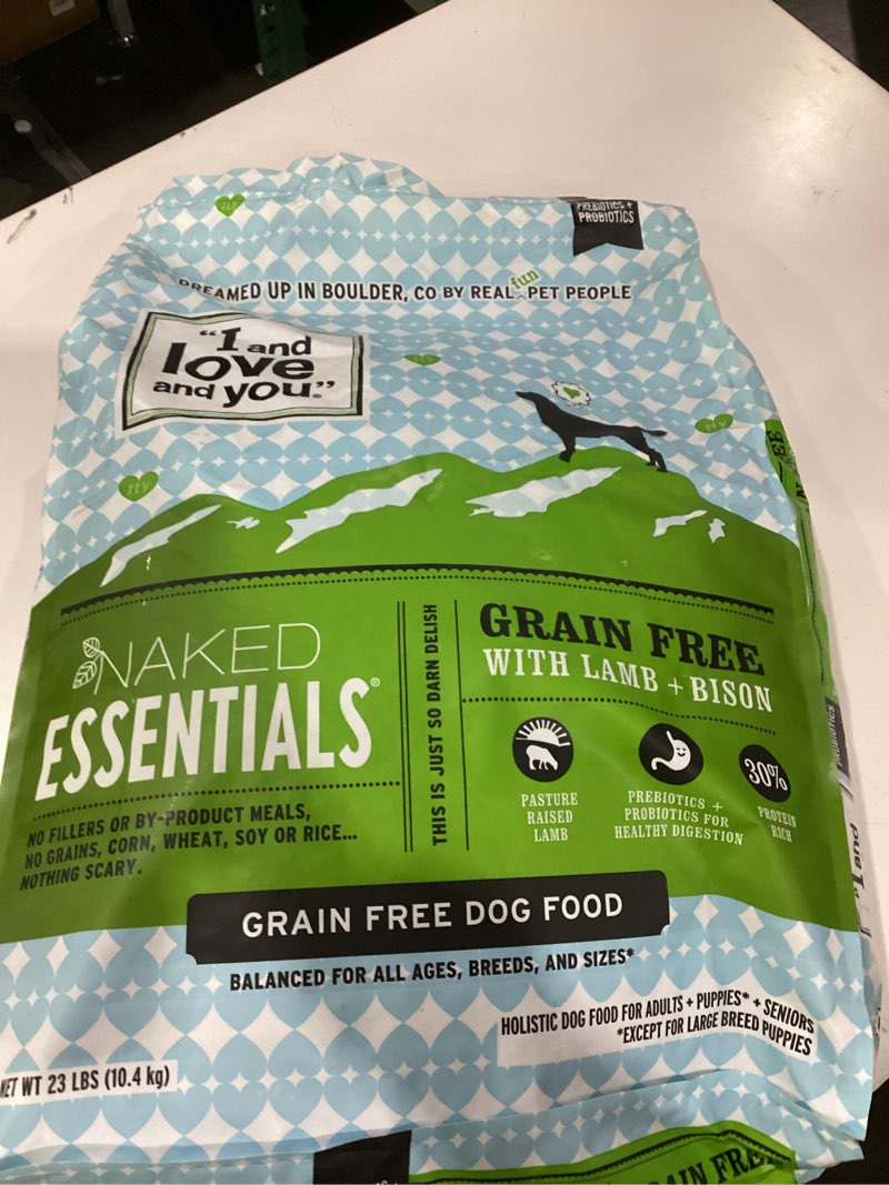 Condition photo showing New/Like New for i and love and you naked essentials dry dog food - lamb + bison - high protein, real meat, no fillers, prebiotics + probiotics, 23lb bag lamb + bison 23 pound (pack of 1)