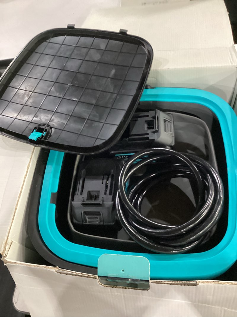 Condition photo showing Good Condition for cordless washer,foldable washer with 2x5.0ah battery, 4 adjustable model, 4.5gal tank 10ft hose, 6-in-1 nozzle for car washer,patio,camping