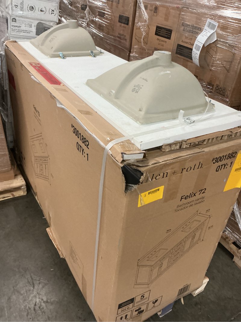 Condition photo showing As Is for allen + roth felix 72-in white undermount double sink bathroom vanity with white engineered stone top