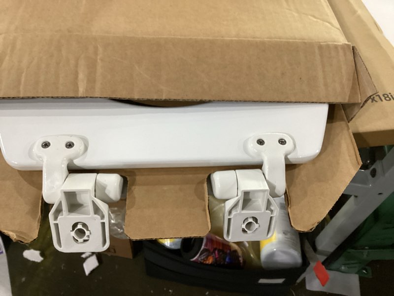 Condition photo showing As Is for mayfair linden slow close toilet seat, non slip heavy duty wood, easy install, round, white round traditional hinge