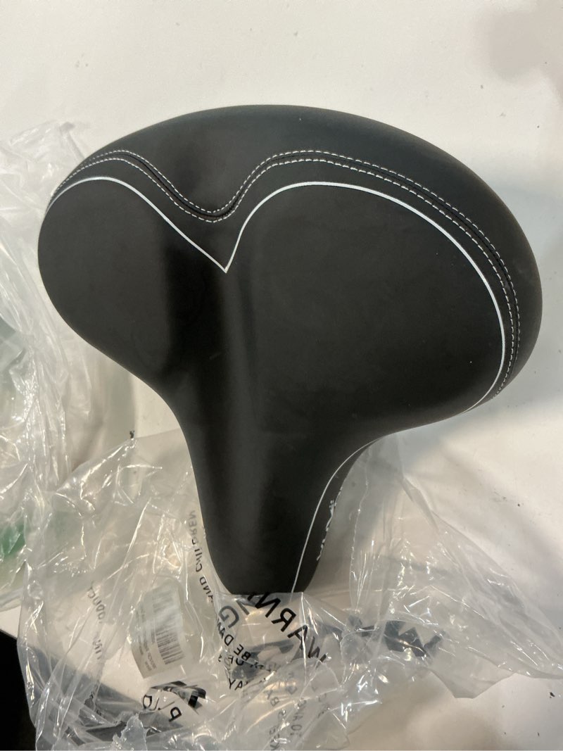 Condition photo showing Good Condition for oversized bike seat, wide bicycle seat for women men comfort, universal waterproof bike saddle replacement with safety reflective strip for peloton, exercise bikes, cruiser, city bikes black/white