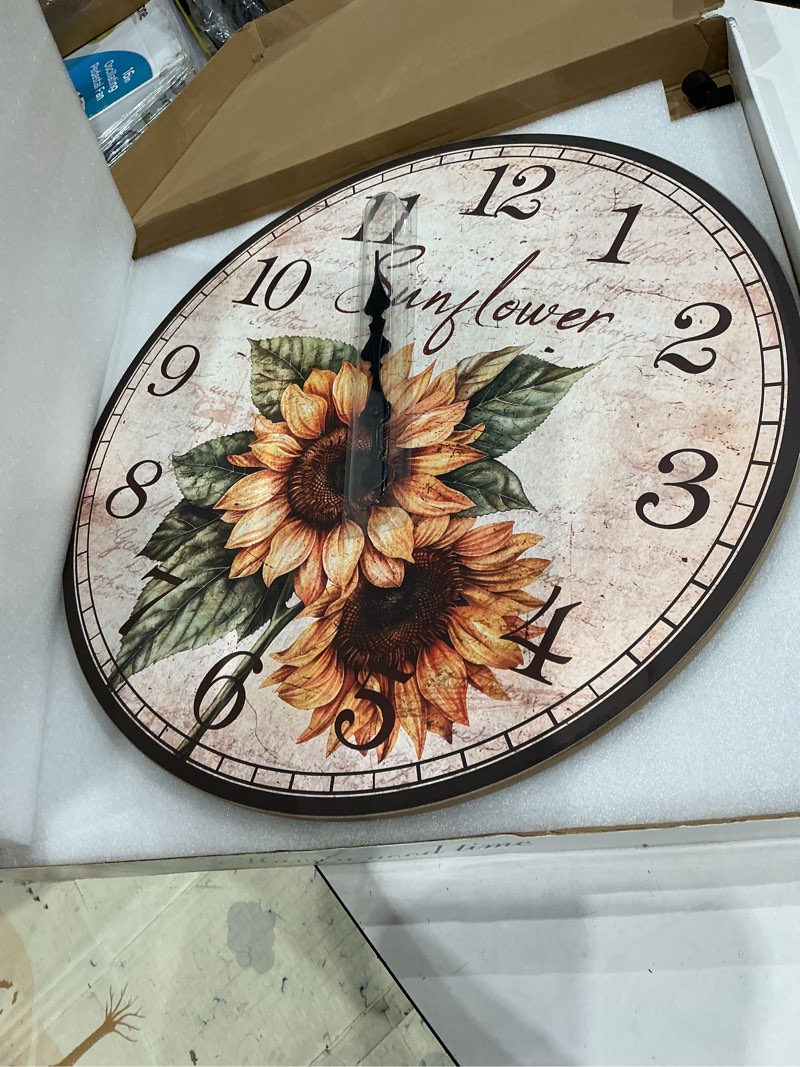 Condition photo showing Good Condition for xfm vintage sunflower wall clock 24 inch silent non ticking battery operated country floral wooden clocks decorative wall clocks for kitchen living room bedroom farmhouse decor sunflower 24 inch