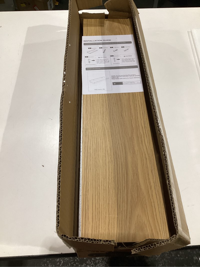 Condition photo showing Good Condition for 23.6 Inches Long Floating Shelves, 2 Set Modern Wall Shelf for Bedroom, Nursery Book Shelf with Lip, Picture Ledge Shelf for Wall Decor Living Room Bathroom Kitchen - Oak Oak 23.6 In