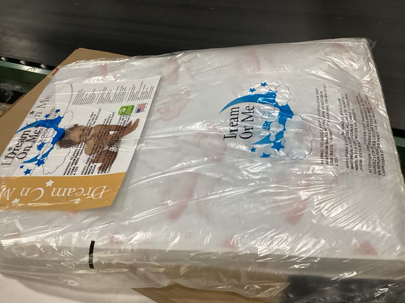 Condition photo showing New/Like New for dream on me sunset 2-in-1 mini crib mattress, dual-sided infant & toddler, waterproof cover, greenguard gold certified, 38” x 24” x 3”, fits mini & select portable cribs, not for playards white