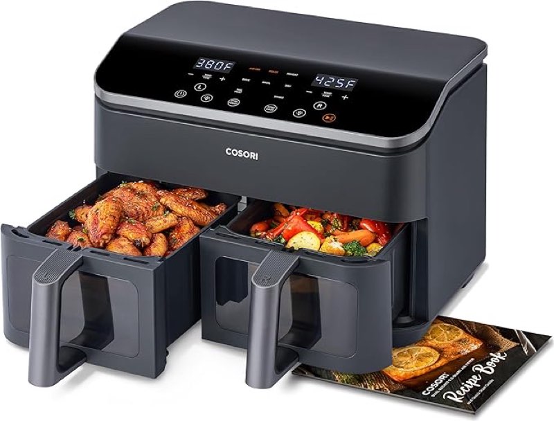 COSORI Dual Air Fryer 9Qt – 10-in-1, Fresh Balanced Meals for Family and Children with Double Baskets, Sync Cook & Finish to Bake, Roast, Reheat, Broil & 130 Recipes for Easy Cooking, Dishwasher Safe