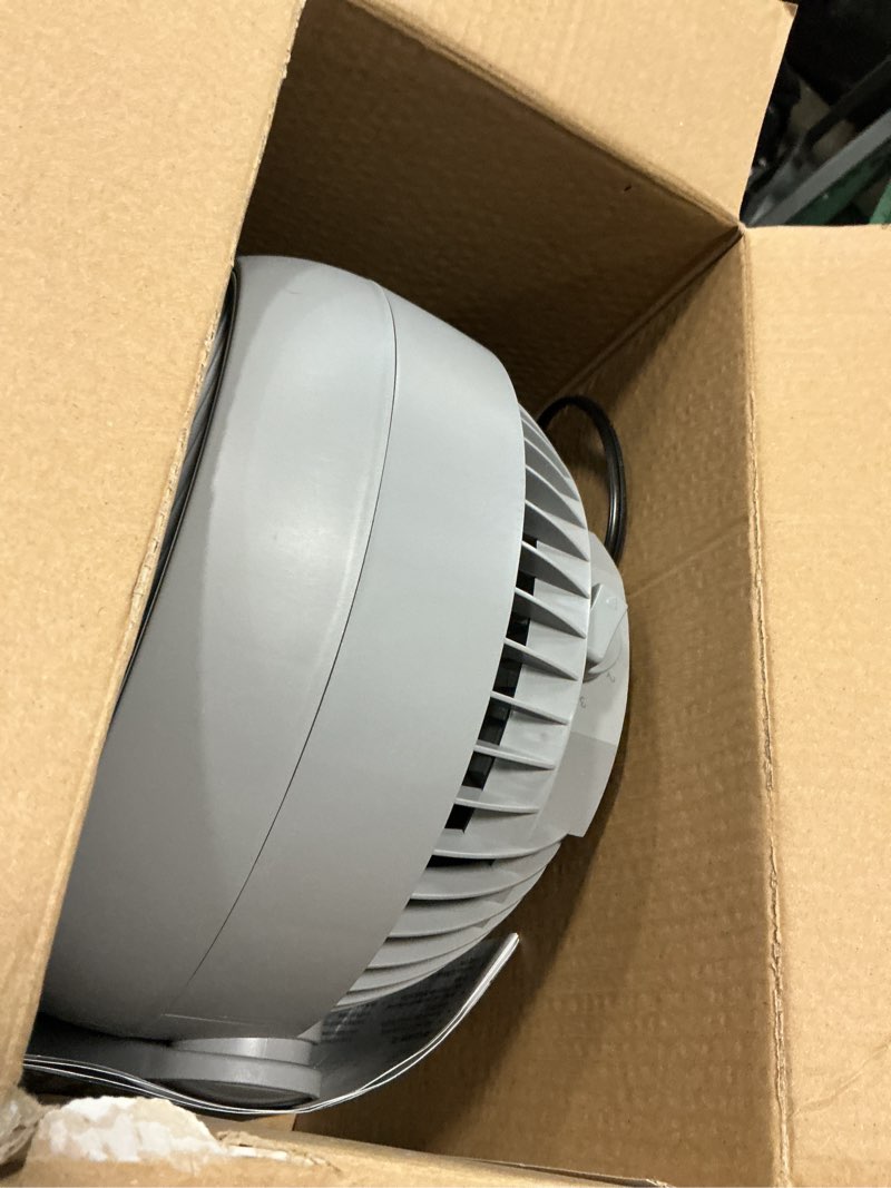 Condition photo showing As Is for holmes blizzard air circulator fan, 3 speeds, 90° tilt, removable grill, cool grey