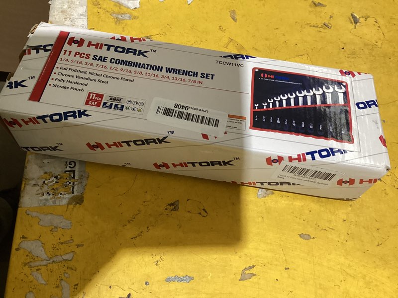 Condition photo showing As Is for hitork 11 piece combination wrench set with roll pouch, sae sizes (1/4" - 7/8"), drop forged cr-v steel, chrome plated mirror finish, 12 point box end, 15° offset, exceeds ansi standards