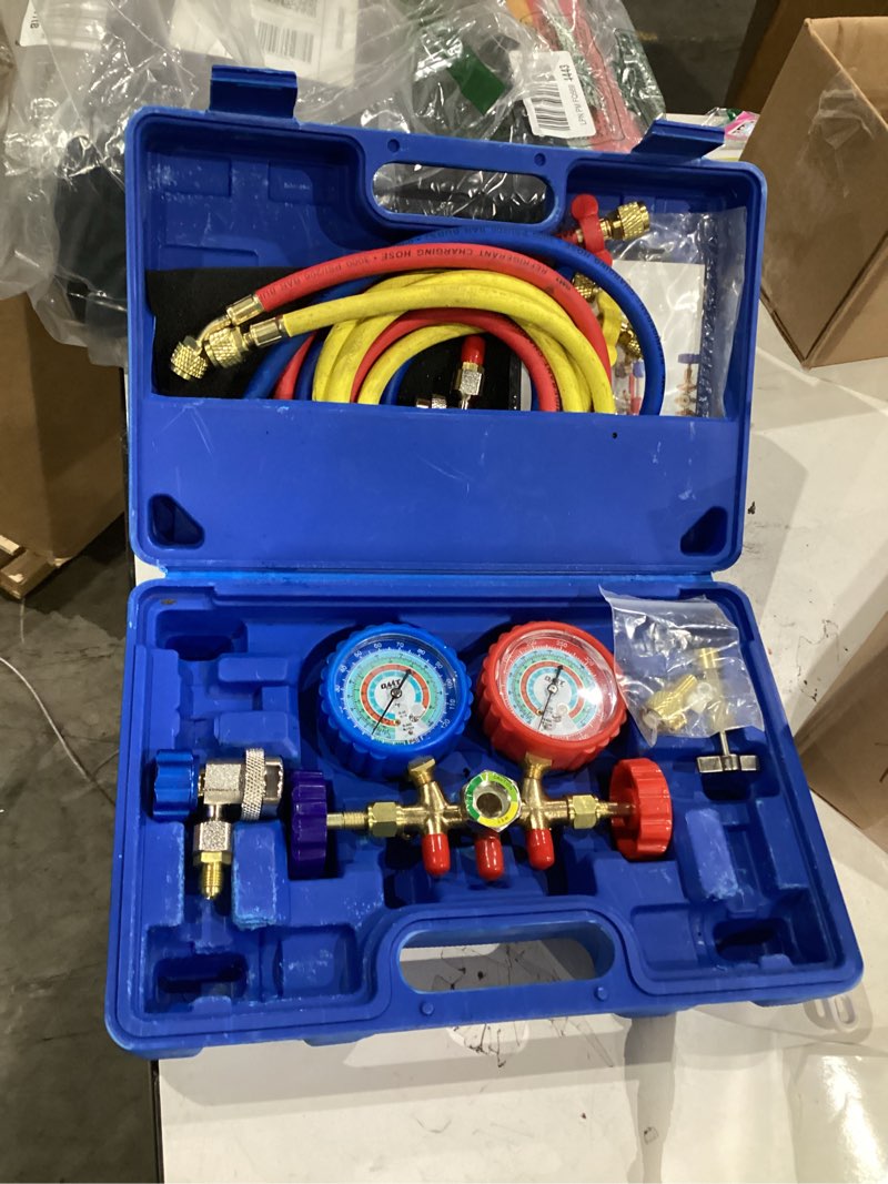 Condition photo showing Good Condition for Orion Motor Tech AC Gauges, AC Manifold Gauge Set for R134a R12 R22 R502, 3 Way Automotive AC Gauge Set with Antishock Gauges Hoses Couplers Adapter, Puncturing Can Tap Freon Recharge Kit
