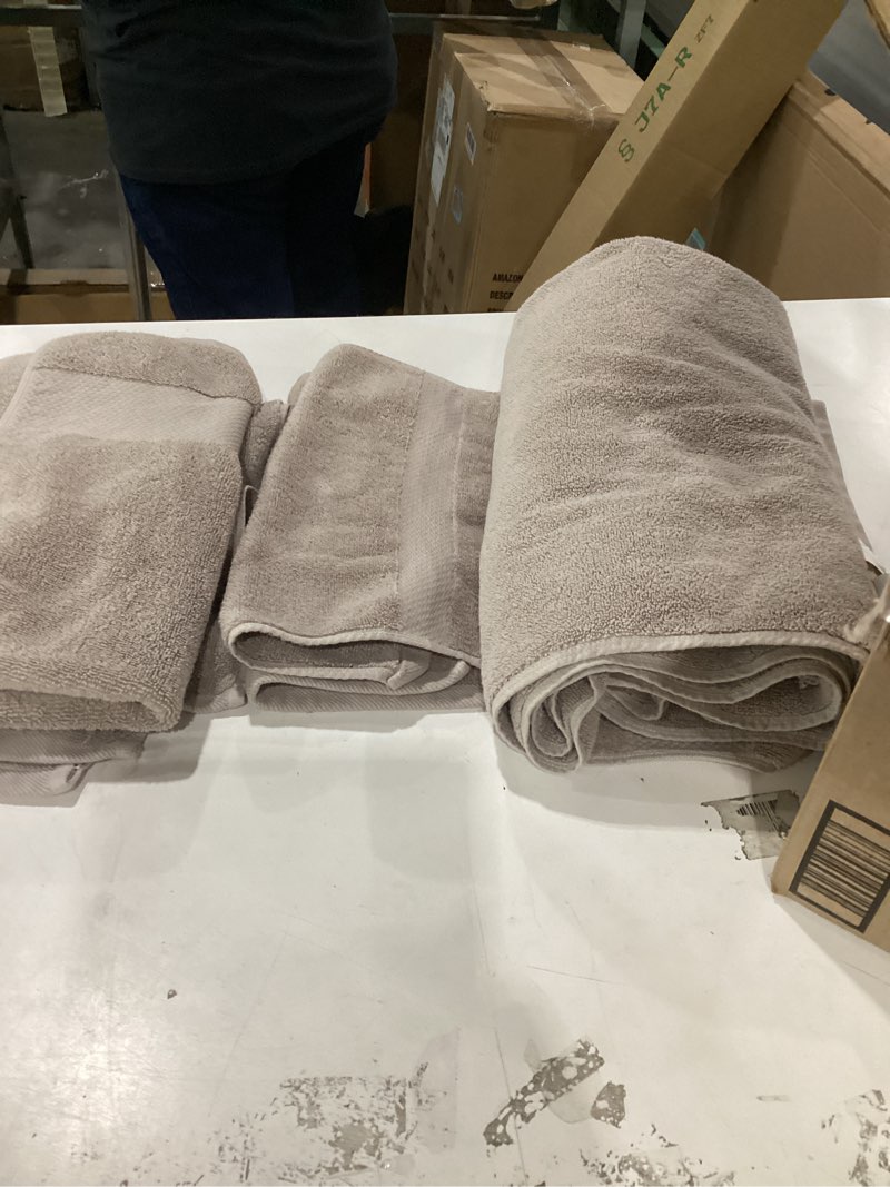 Condition photo showing As Is for MADISON PARK SIGNATURE Turkish 100% Cotton 600Gsm Luxury Premium Thick Soft Abosorbant Hotel Bathroom Towel Set Shower Hand Face Washcloths, Assorted Sizes, Taupe 6 Piece Taupe 6-Piece Towel set