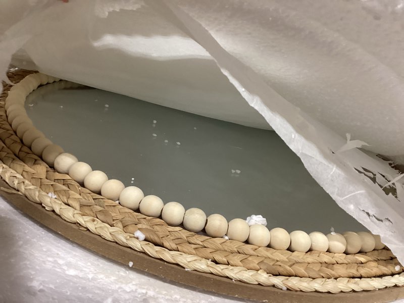 Condition photo showing Good Condition for swthony 21 inch boho round hanging wall mirror decorative rattan circle wall mounted mirror for farmhouse, living room, bedroom, bathroom 21 inch wood