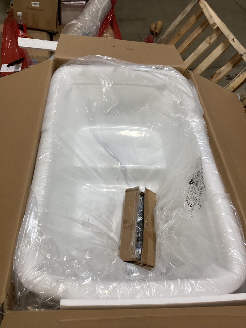 Condition photo showing As Is for 49" acrylic freestanding bathtub, modern deep soaking tub, cupc certified free standing tub, chrome drain/overflow, white acrylic, white square 49 inch white square