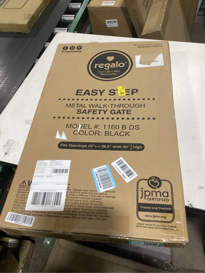 Condition photo showing New/Like New for Regalo Easy Step 38.5-Inch Wide Walk Thru Baby Gate, Includes 6-Inch Extension Kit, Pressure Mount Kit, Wall Cups, Black Black 29-38.5"W x 30"H