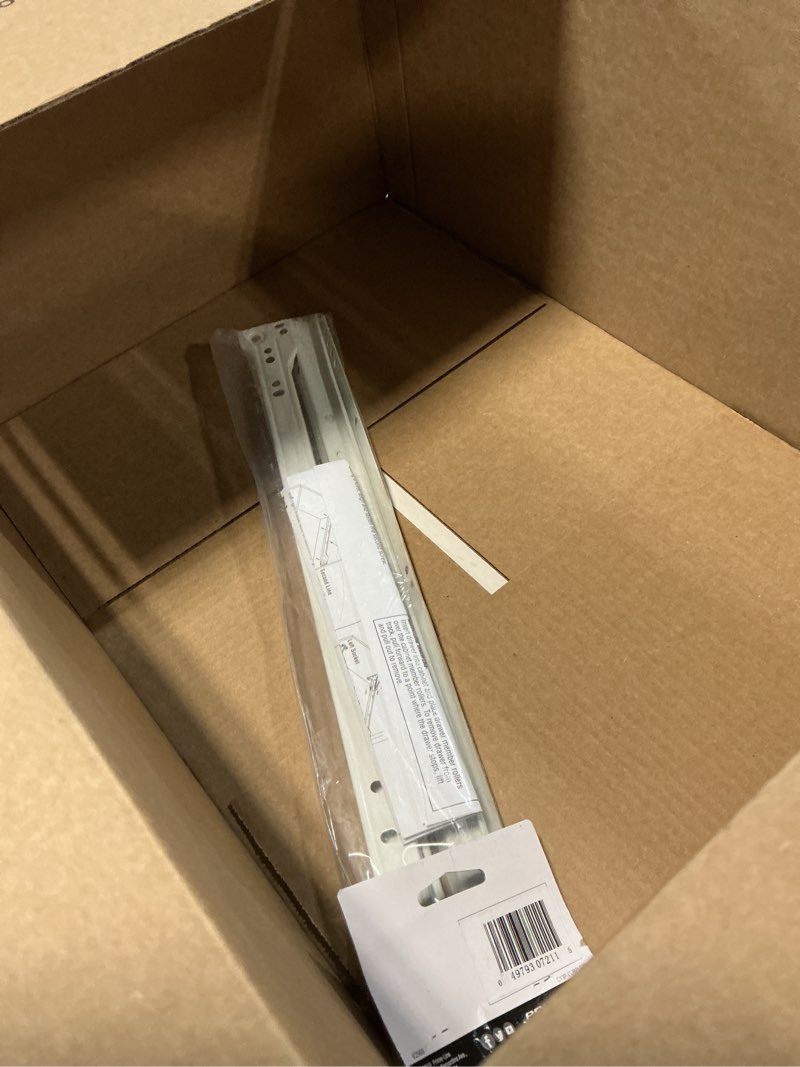 Condition photo showing As Is for prime-line r 7211 drawer slide kit – replace drawer track hardware – self-closing design –fits most bottom/ side-mounted drawer systems –17-3/4 in. steel tracks, plastic wheels, white (1 pair)