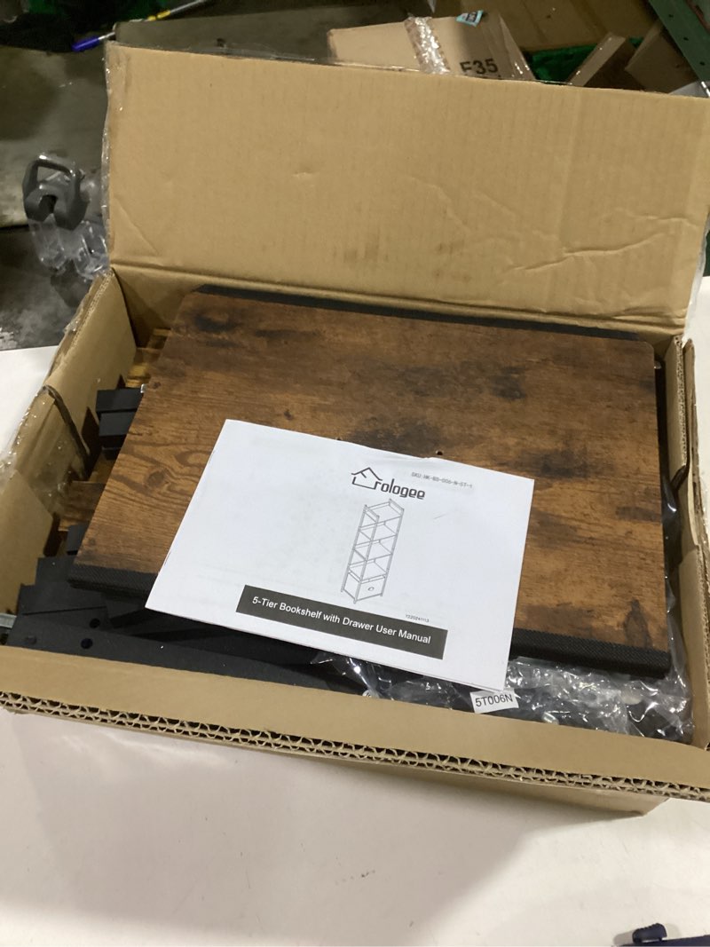 Condition photo showing Good Condition for Furologee 5 Tier Bookshelf with Drawer, Tall Narrow Bookcase with Shelves, Wood and Metal Bookshelve