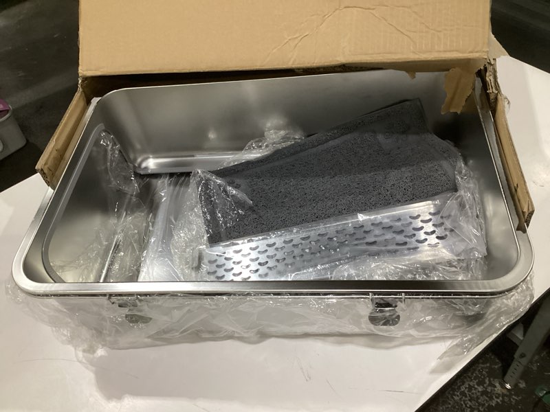 Condition photo showing Good Condition for stainless steel litter box with metal lid and scoop - enclosed metal litter box for large cats, rust-resistant, odor-control, easy to clean, durable & long-lasting with round edge (xl) xl:23.6"x15.8"x11.8"