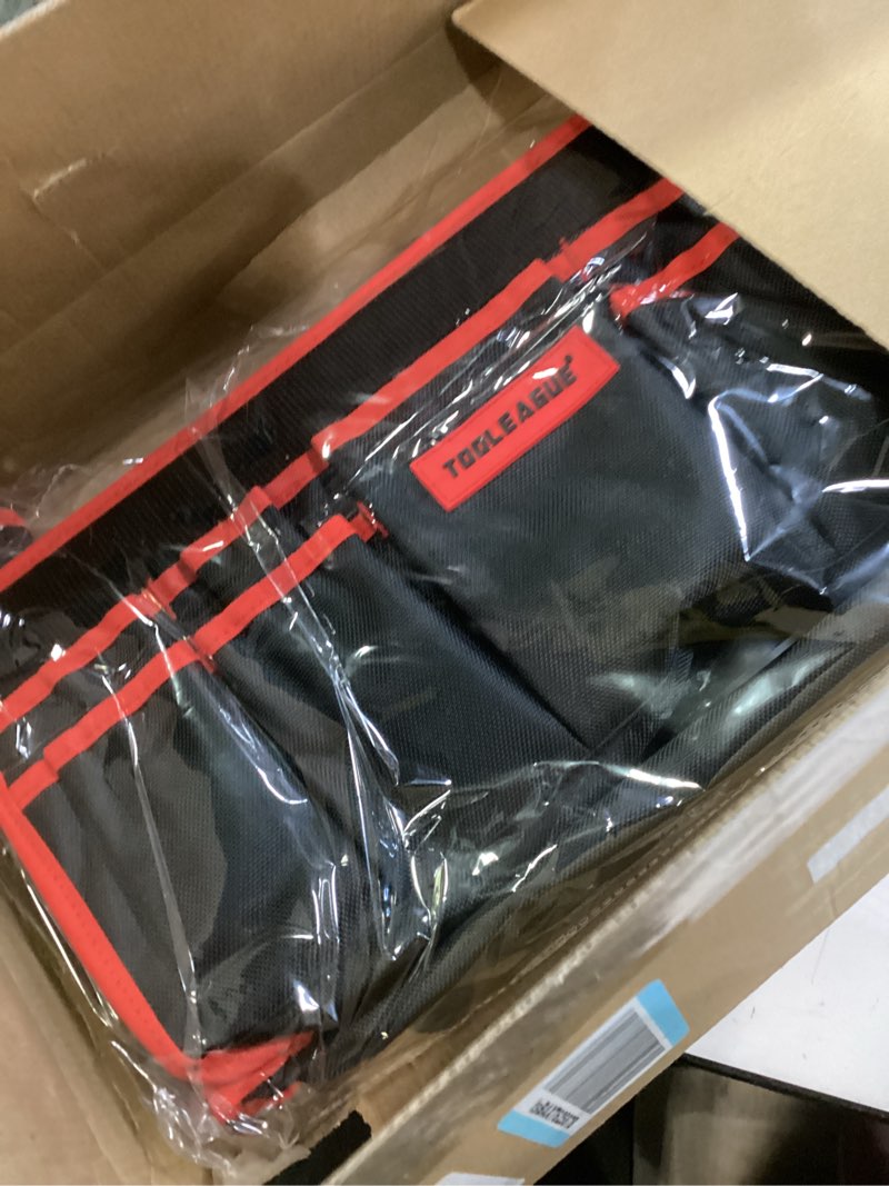 Condition photo showing New/Like New for TOOLEAGUE 19 Inches Heavy Duty Tool Bag 25 Pockets, 1680D Fabric Tool Bags with Strong Molded Base, Multi-pocket Tool Organizer with Adjustable Shoulder Strap 19 inches(Open Top)