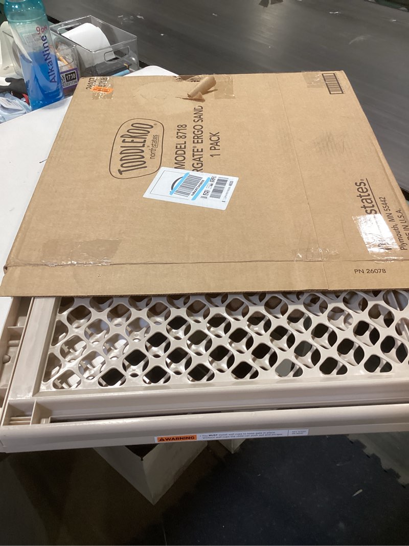 Condition photo showing New/Like New for toddleroo by north states - supergate ergo baby gate: plastic baby gate for stairs & doorways - adjustable indoor safety gate - made in usa - 26 to 42 inches wide - 26 inches tall - sand