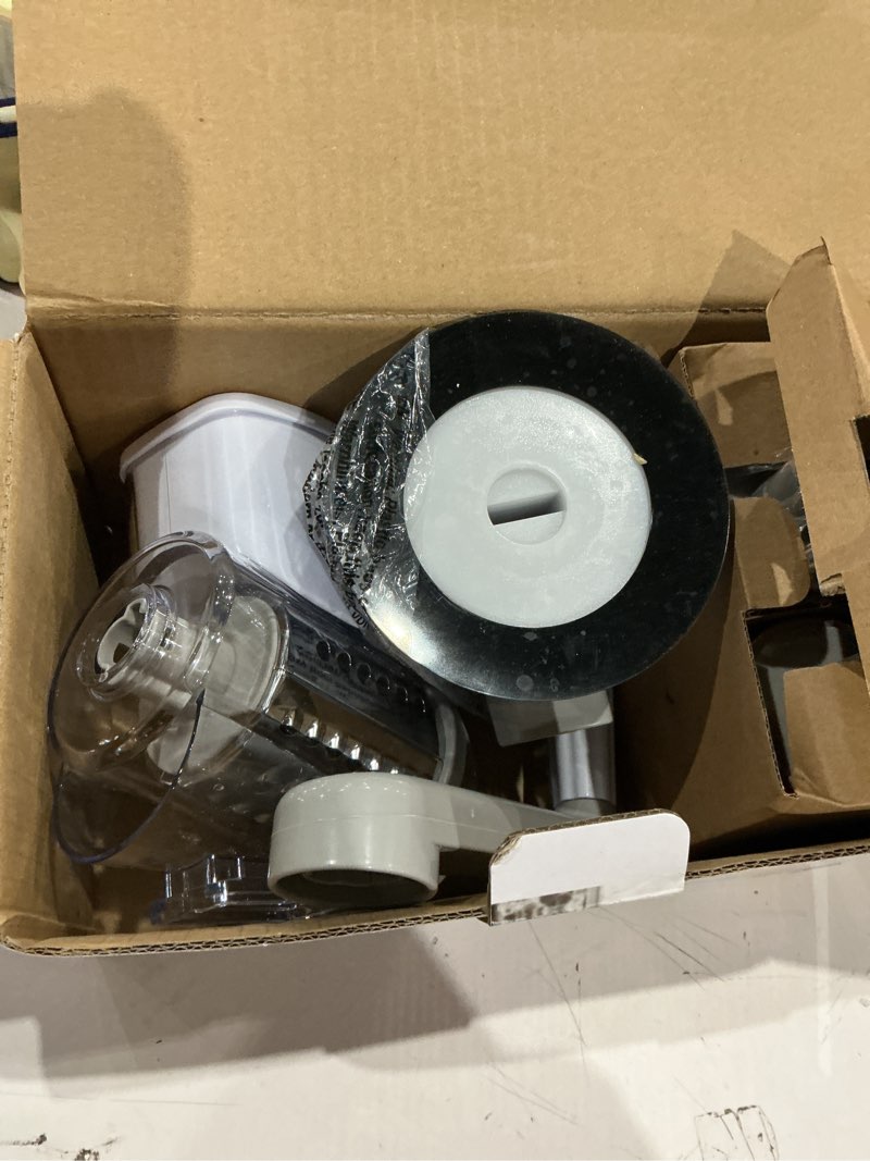 Condition photo showing Good Condition for geedel rotary cheese grater, kitchen mandoline vegetable slicer with 3 interchangeable blades, easy to clean rotary grater slicer for fruit, vegetables, nuts white 3 blades