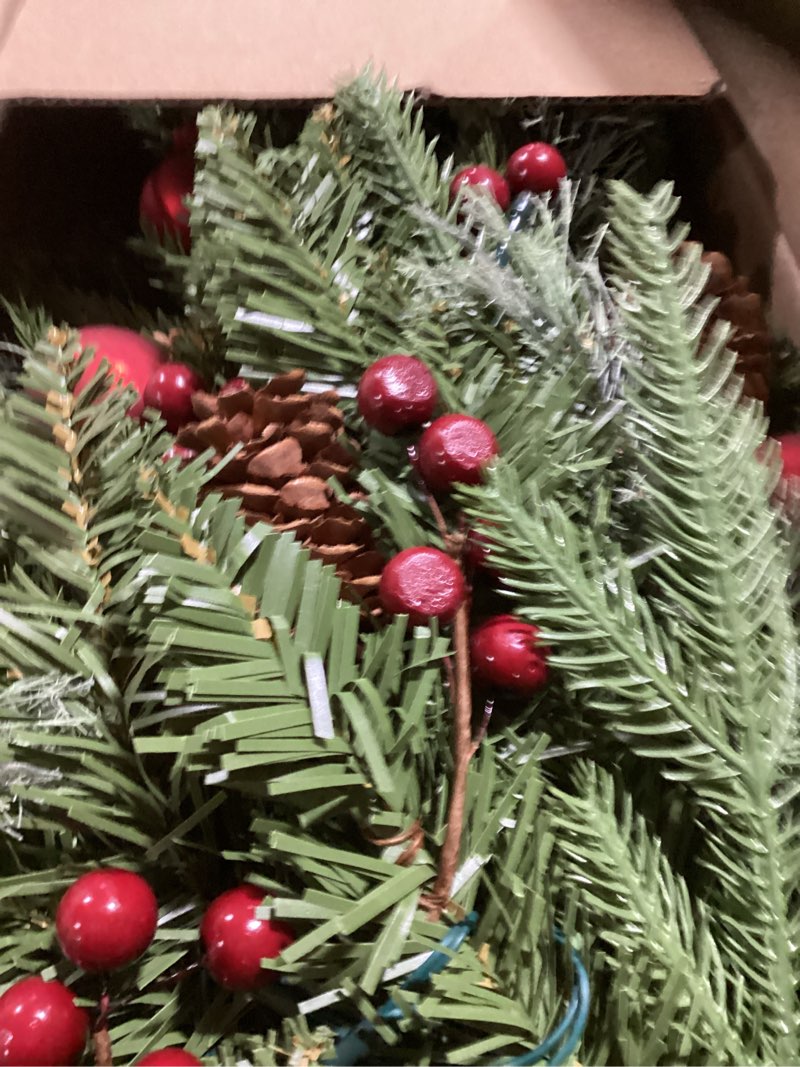 Condition photo showing Good Condition for 2 Set 30 Inch Christmas Urn Fillers, Outdoor Christmas Tree Pre-Lit LED Pre-Decorated with Pine Cones Red Berries Balls, Artificial Christmas Porch Decor for Yard, Garden, Pathway 30 Inches