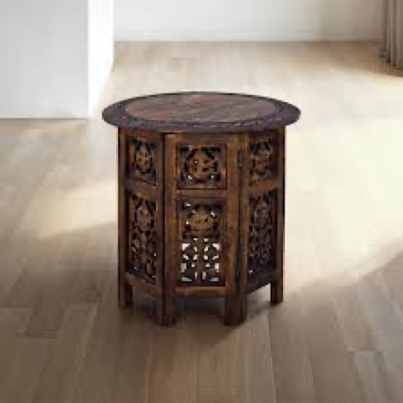 Jolene 18 Inch Mango Wood Folding Accent Table, Hand Carved, Walnut Brown