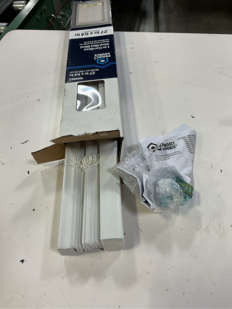 Condition photo showing Good Condition for project source light filtering 1-in slat width 27-in x 64-in cordless white vinyl light filtering mini-blinds