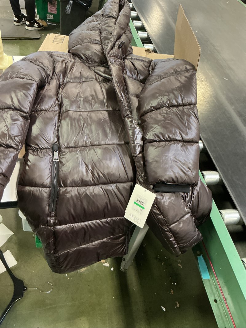 Condition photo showing Good Condition for DKNY womens Shine Puffer Coat With Bib and Asymmetrical Zipper Front – Winter Jacket Large Bitter