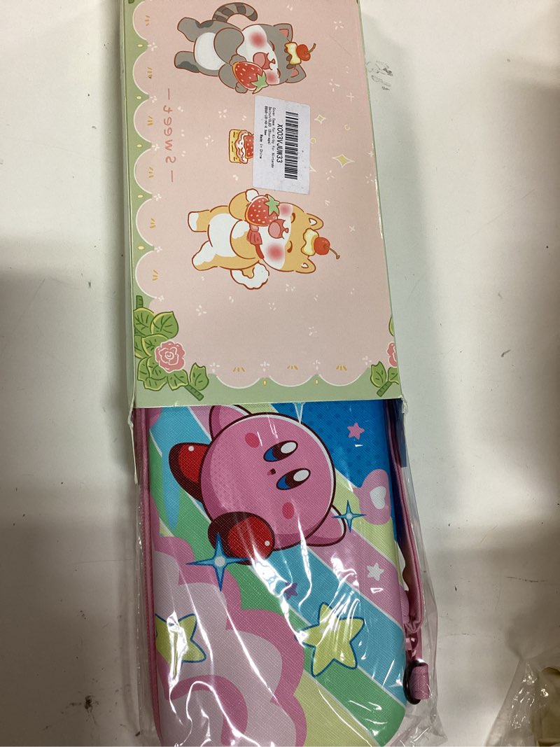 Condition photo showing New/Like New for hypercase cute anime switch oled carrying case set, with portable travel storage bag of pink lining, hardshell protective cover skin, hd screen protector, shoulder strap & 2 kawaii thumb caps oled of pink