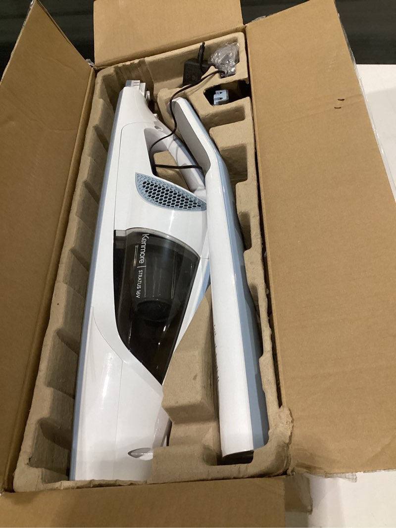 Condition photo showing As Is for (used, not tested)kenmore ds1020 16v cordless stick vacuum lightweight 2-in-1 handheld, led headlight with 2-speed power control for hardwood floor, carpet & pet hair, 16 volts, gray-blue