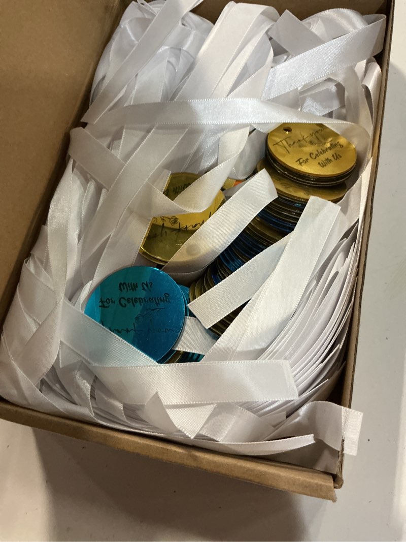 Condition photo showing Good Condition for 100 set gold acrylic thank you for celebrating with us tags, with string round gold mirrored favors labels, thank you gift tags for baby shower birthday wedding bridal shower for guests