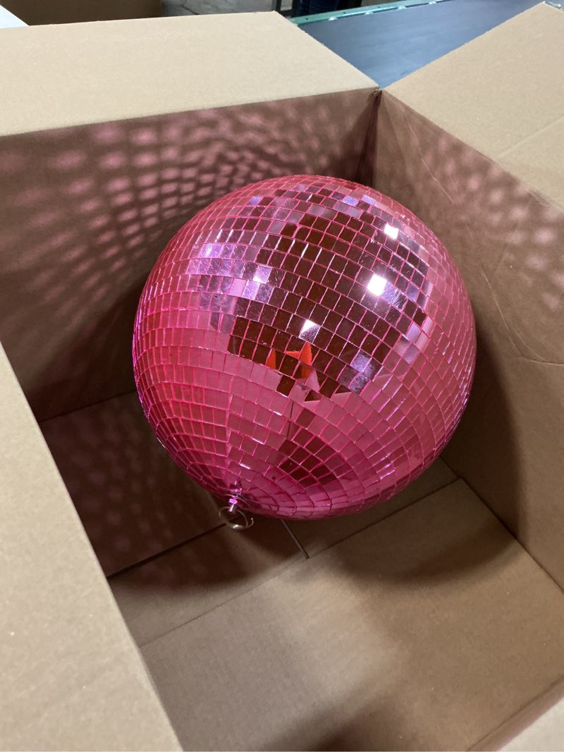 Condition photo showing As Is for 12" Mirror Disco Ball with Hanging Ring, 12 Inch Pink Disco Ball Decor with 20pcs Replacement Mirror for DJ Club, Party, Wedding, Home Decor, Live Stage for Easy Installation, Disco Ball Mirror Ball 12inch Pink