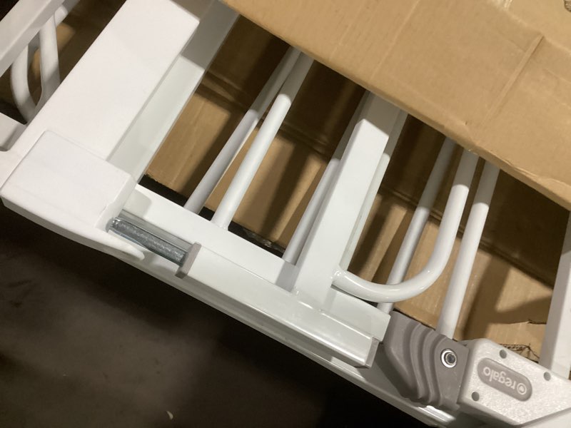 Condition photo showing As Is for regalo safety 36" extra tall and 49" wide baby gate for doorways & bottom of stairs, pressure mounted walk through baby gate for toddlers & pets, tested & safe, american designed, american owned white 29-49"w x 36"h
