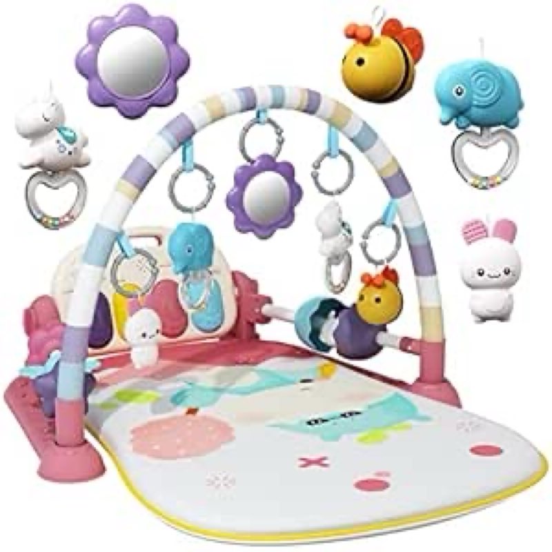 baby gym with musical piano,baby play mat tummy time baby activity gym mat with 5 infant learning sensory for baby, music and lights boy or girl for newborn (blue)