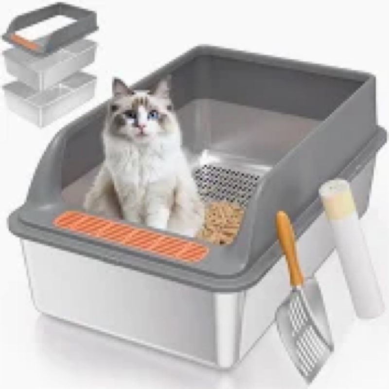 Stainless Steel Sifting Litter Box with Lid, Medium Sifting Cat Litter Box for Pine Pellets & Big Ca