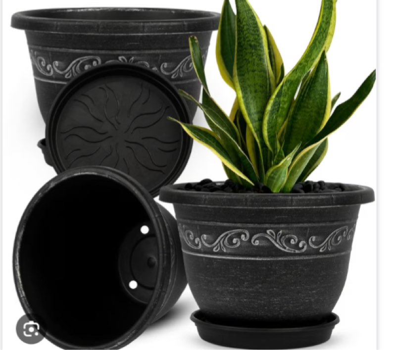 qcqhdu plant pots, 3 packs 8 inch planters with drainage hole saucer, plastic flower pots for indoor plants retro decorative for outdoor garden container sets(silver-8 inch)