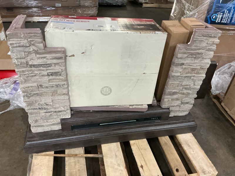 Condition photo showing As Is for allen + roth 43.5-in W Stacked Faux Sandstone with Coffee Oak Free standing Infrared quartz