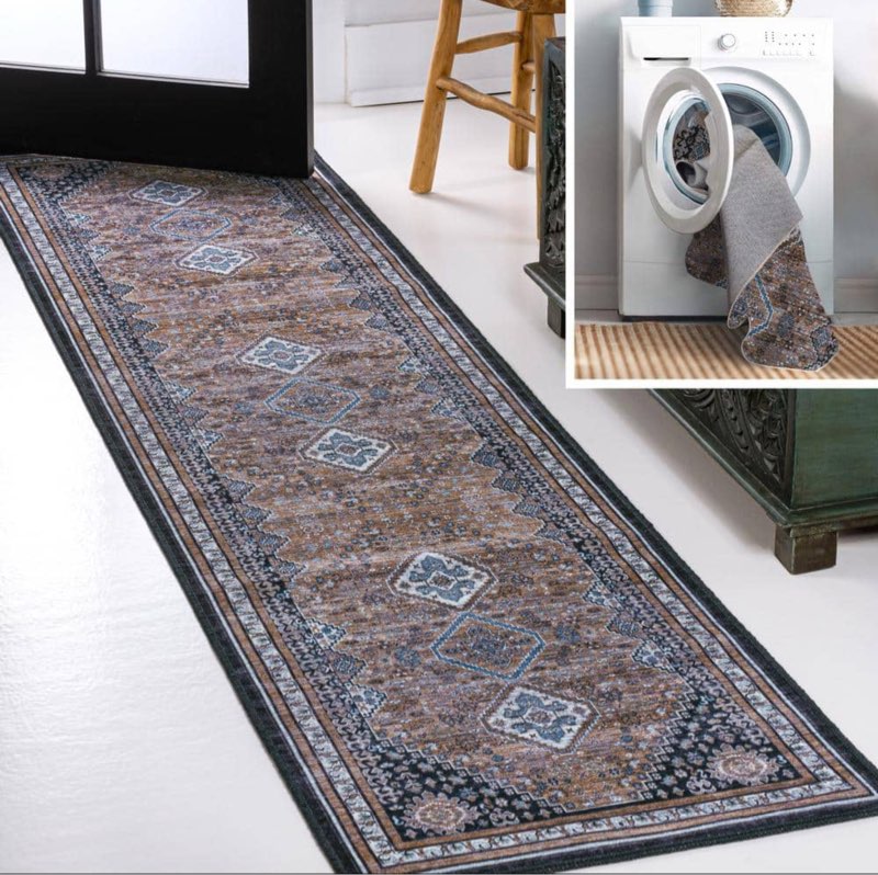 Dalyan Geometric Medallions Machine-Washable Brown/Blue/Gray 2 ft. x 8 ft. Runner