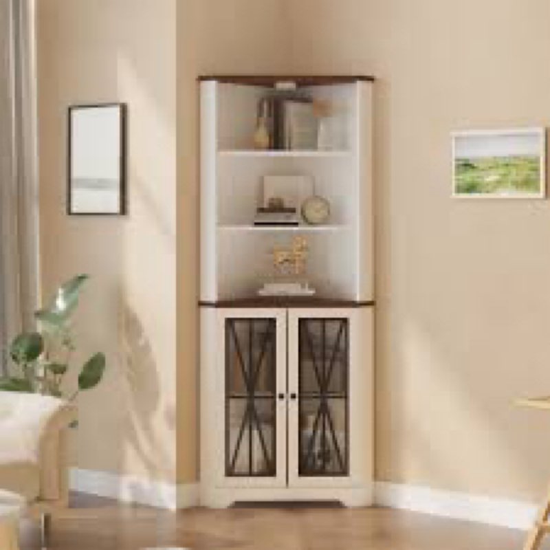 66.9"H X 22.3"W Corner Bookcase With Magnetic Glass Doors, Wooden Corner Bookshelf With LED Intelligent Night Light, 5-Tier Storage Cabinet For Small Space