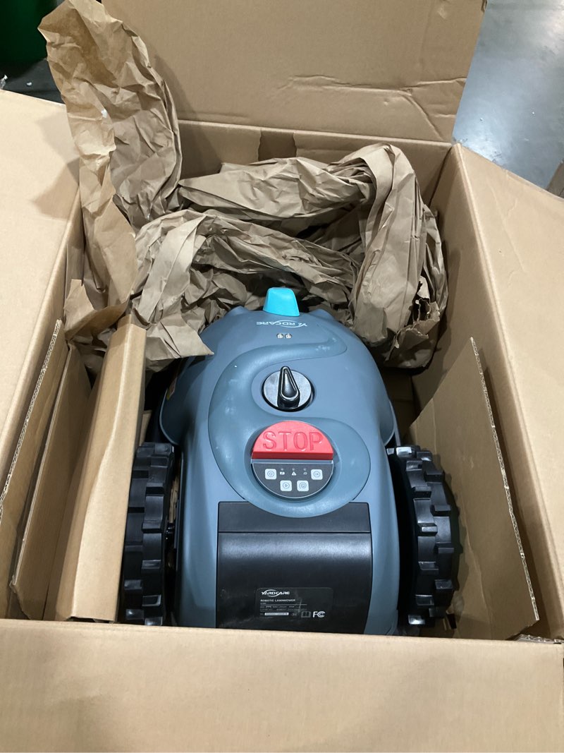Condition photo showing As Is for yardcare v100 robot lawn mower with hd vision navigation, smart obstacle detection, collision sensors, adjustable cutting height, low-noise operation—perfect for small lawns up to 1,600 sq ft. steel gray