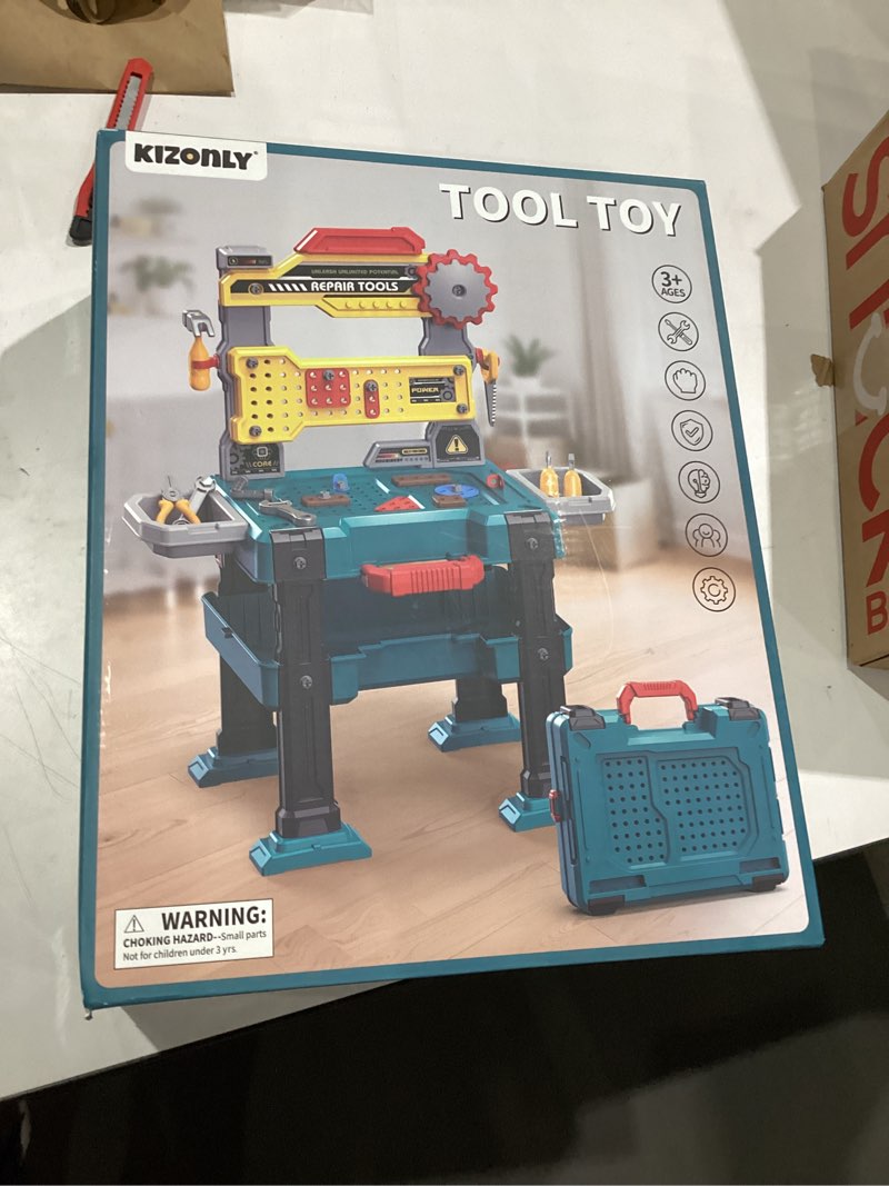 Condition photo showing New/Like New for Kids Tools Toy Sets for Aged 3 4 5 6 7 8, 2 in 1 Workbench Toys for Toddlers 3-5, Pretend Play Toolbox, Construction Mechanic Set with Sound, Educational Birthday Gift for Boys Girls Ages 3-8 Green-2 in 1 Workbench Toys